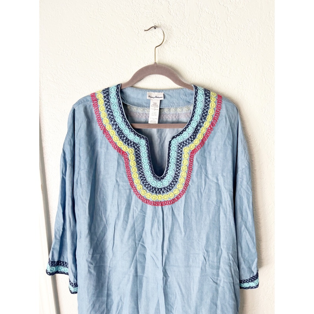 Tommy Bahama Blue Chambray Tencel Embroidered Dress Size Medium READ - Picture 3 of 7